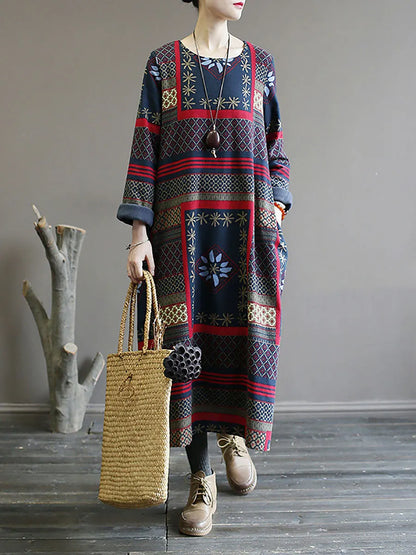 Women Winter Vintage Ethnic Pocket Print Loose Dress