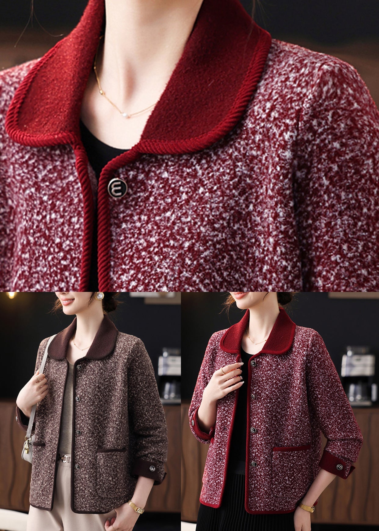 Plus Size Coffee Print Pockets Coat Bracelet Sleeve