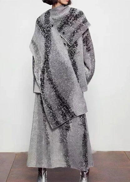 Natural Grey Print Wool Cardigan ,Scarf And Maxi Skirts Three Piece Set Fall