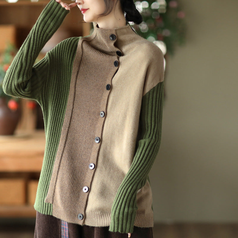 Color-Block Long-Sleeved Knitted Elastic Slim Sweater