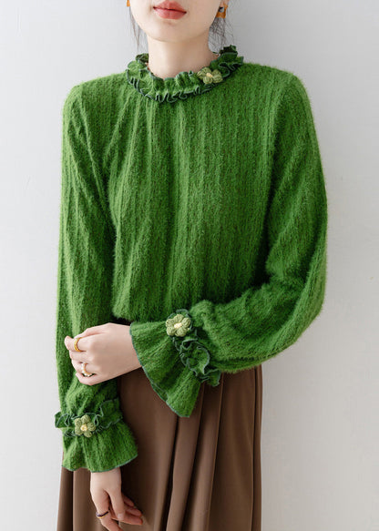 Unique Tea Green Ruffled Floral Knit Top Flare Sleeve