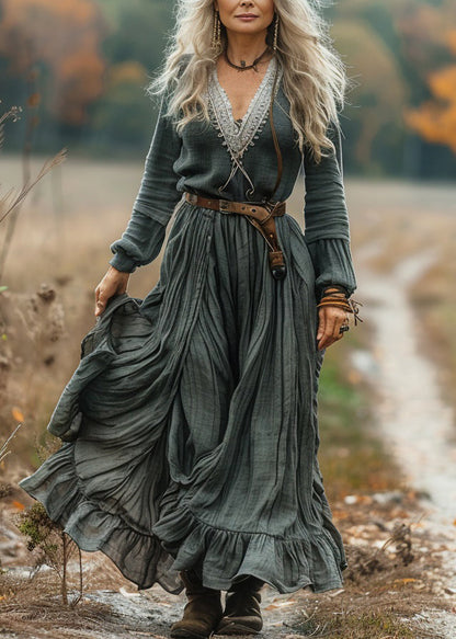 Loose V Neck Ruffled Patchwork Cotton Maxi Dress Long Sleeve