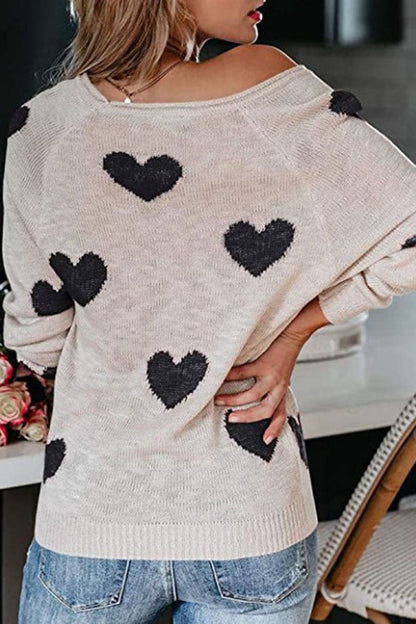Heart Print V-Neck Knitted Sweater