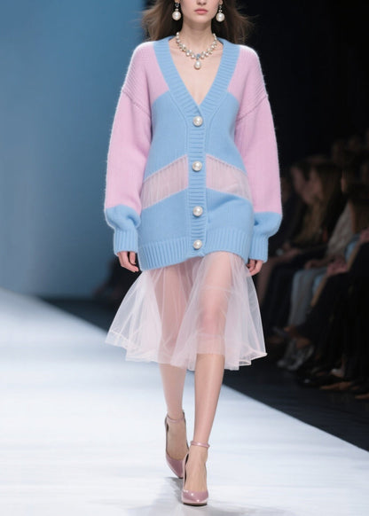 Chic Colorblock Hollow Out Patchwork Tulle Knitwear Dress Fall