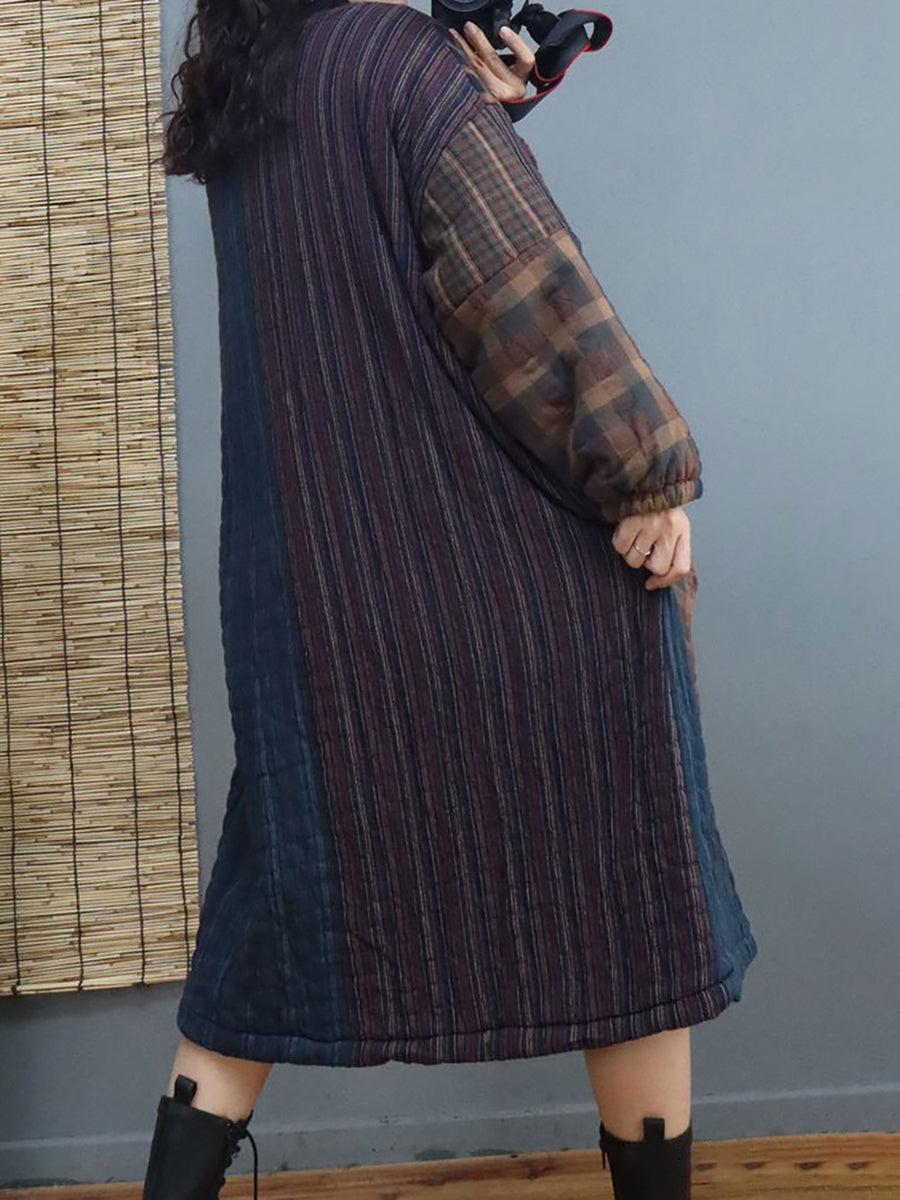 Women Thick Plaid Large Pocket Round Neck Padded Dress