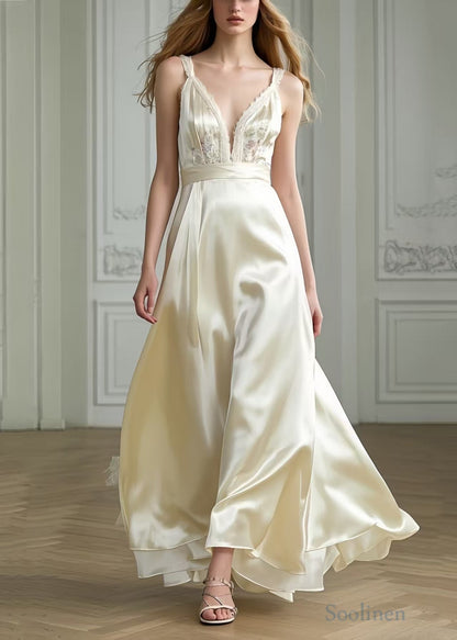 Women Milk White Exra Large Hem Draping Silk Party Dresses Summer