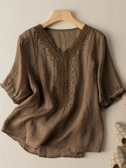 Solid Color V Neck Short Sleeve Casual Linen Top