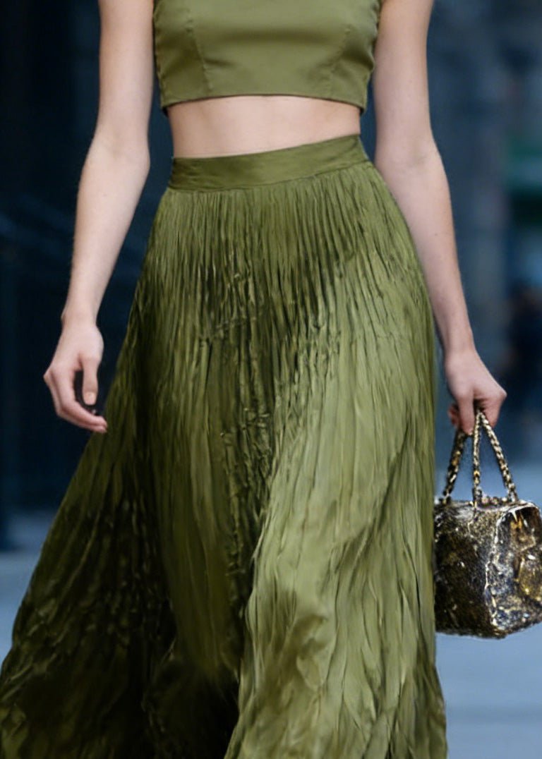 Chic Green High Waist Wrinkled Chiffon Skirts Spring