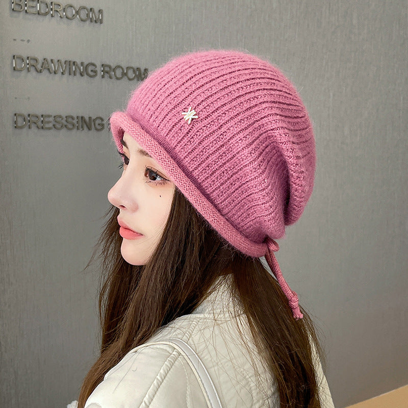 Women Winter Knitted Drawstring Hemming Warm Hat