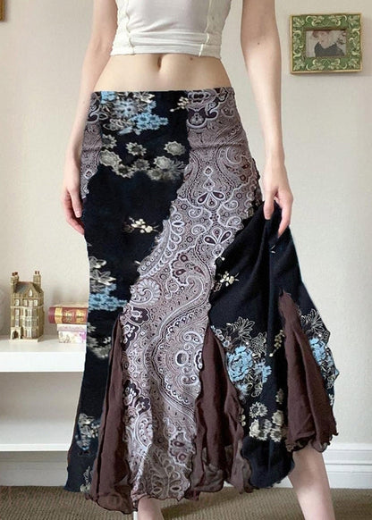 Bohemian Black Print Patchwork Cotton Skirts Summer