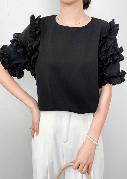 Black Draping Chiffon Shirt Ruffled Summer