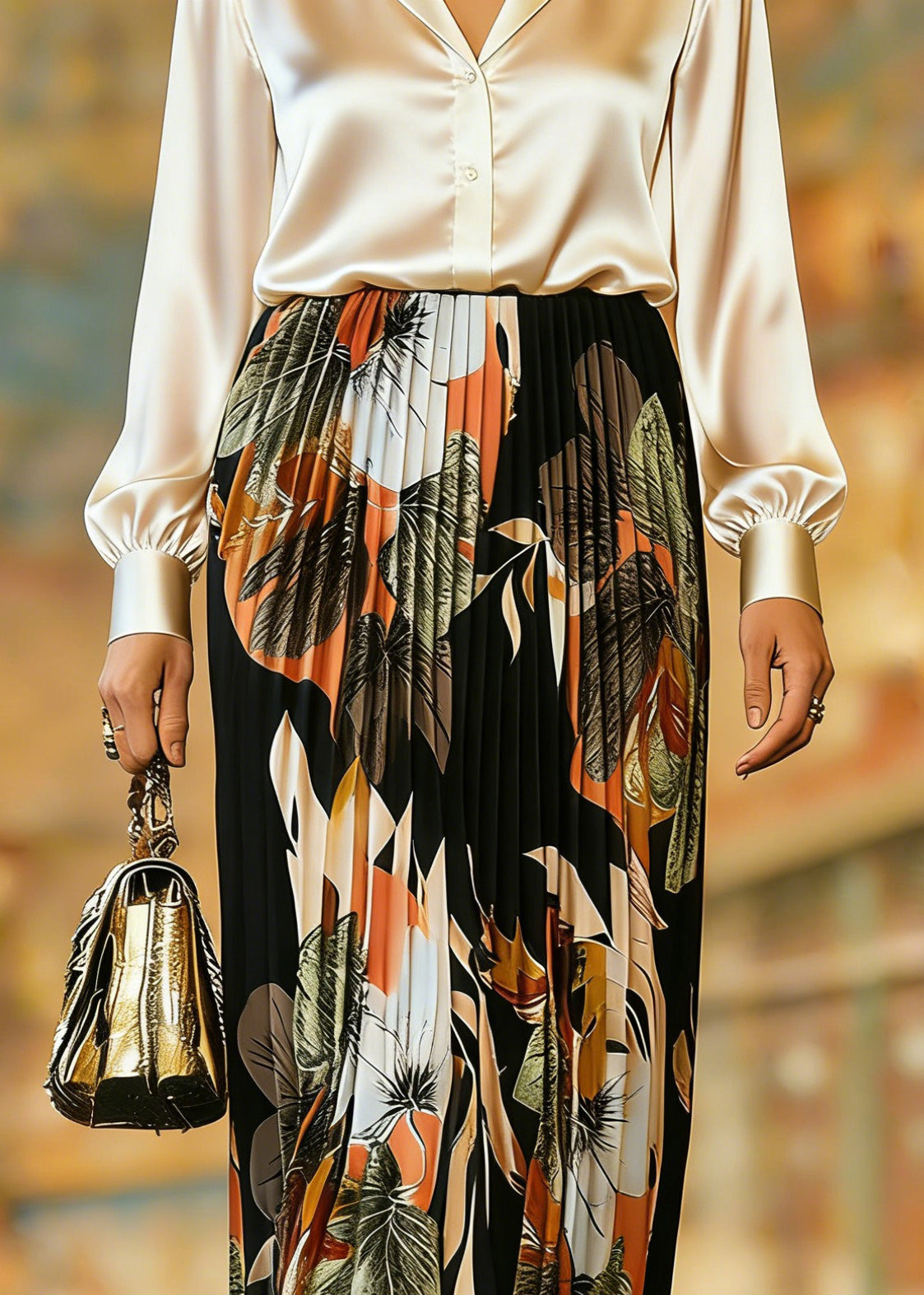 Organic Black Print Elastic Waist Pleate Skirts Spring