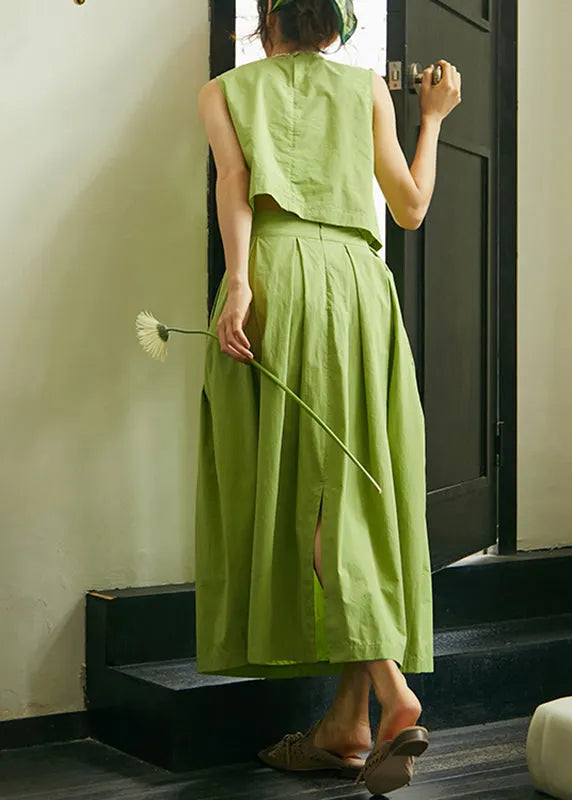 Art Green O-Neck Cotton Top And Pleated Skirt Two Pieces Set Sleeveless