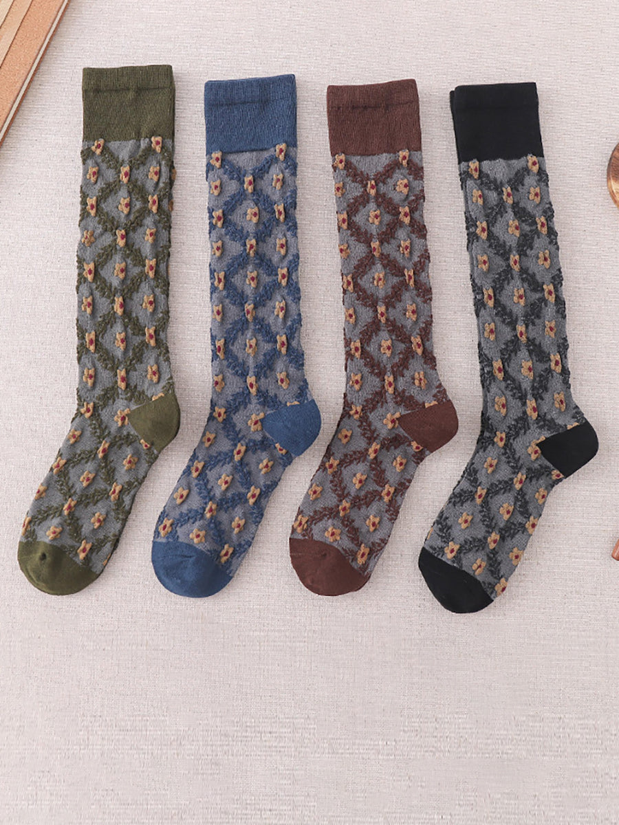 4 Pairs Cotton Vintage Floral Women Long Socks