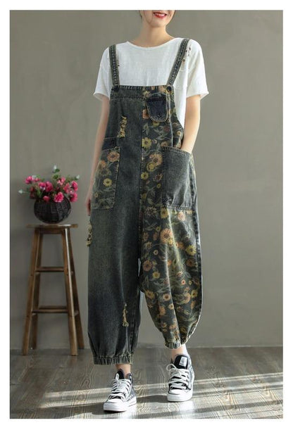 Retro Nostalgic Loose One-piece Printed Hole Denim Overalls