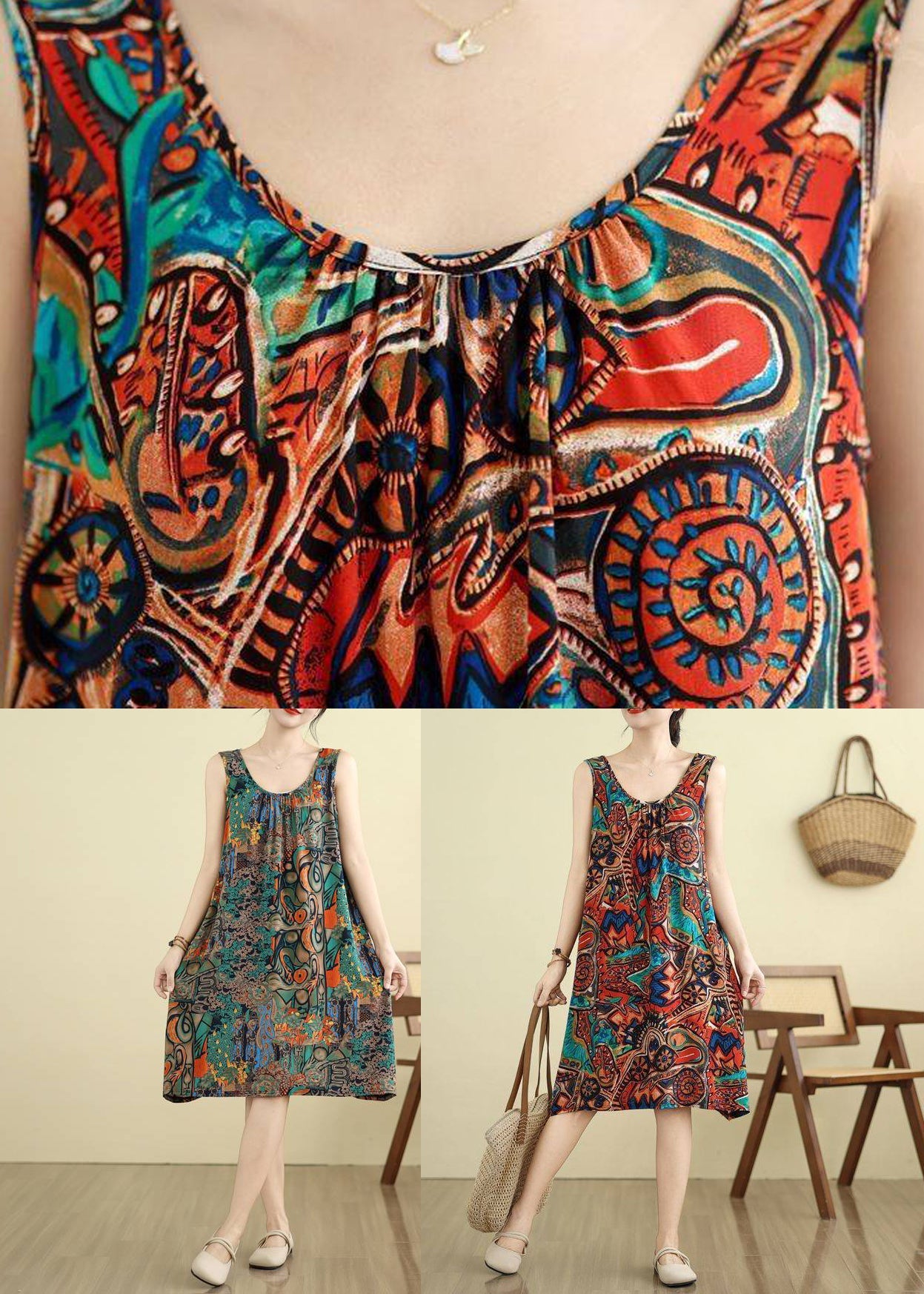 Green O-Neck Print Maxi Dresses Sleeveless