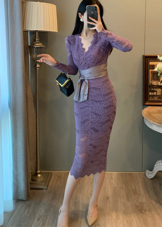 Elegant Lavender V Neck Tie Waist Lace Party Dresses Summer