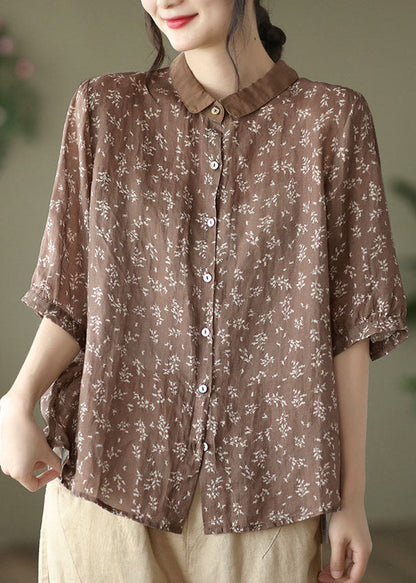 Coffee Linen Shirt Top Button Peter Pan Collar Half Sleeve