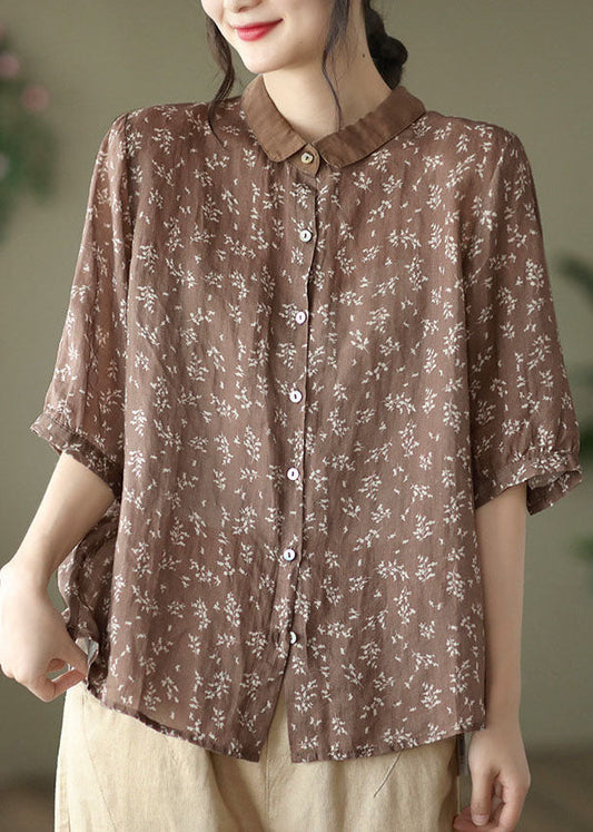 Coffee Linen Shirt Top Button Peter Pan Collar Half Sleeve