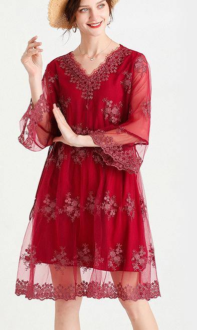 Elegant Mulberry V Neck Petal Sleeve Mini Summer Lace Dress