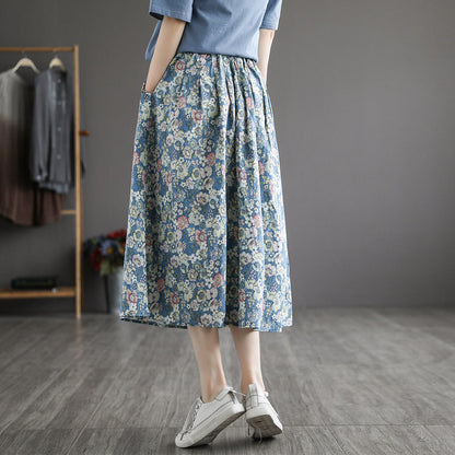 Literary Pleated Elastic Waist Floral A-Line Skirt