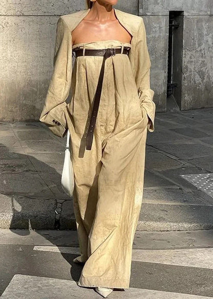 Casual Camel Patchwork Sashes Jumpsuits Flare Sleeve