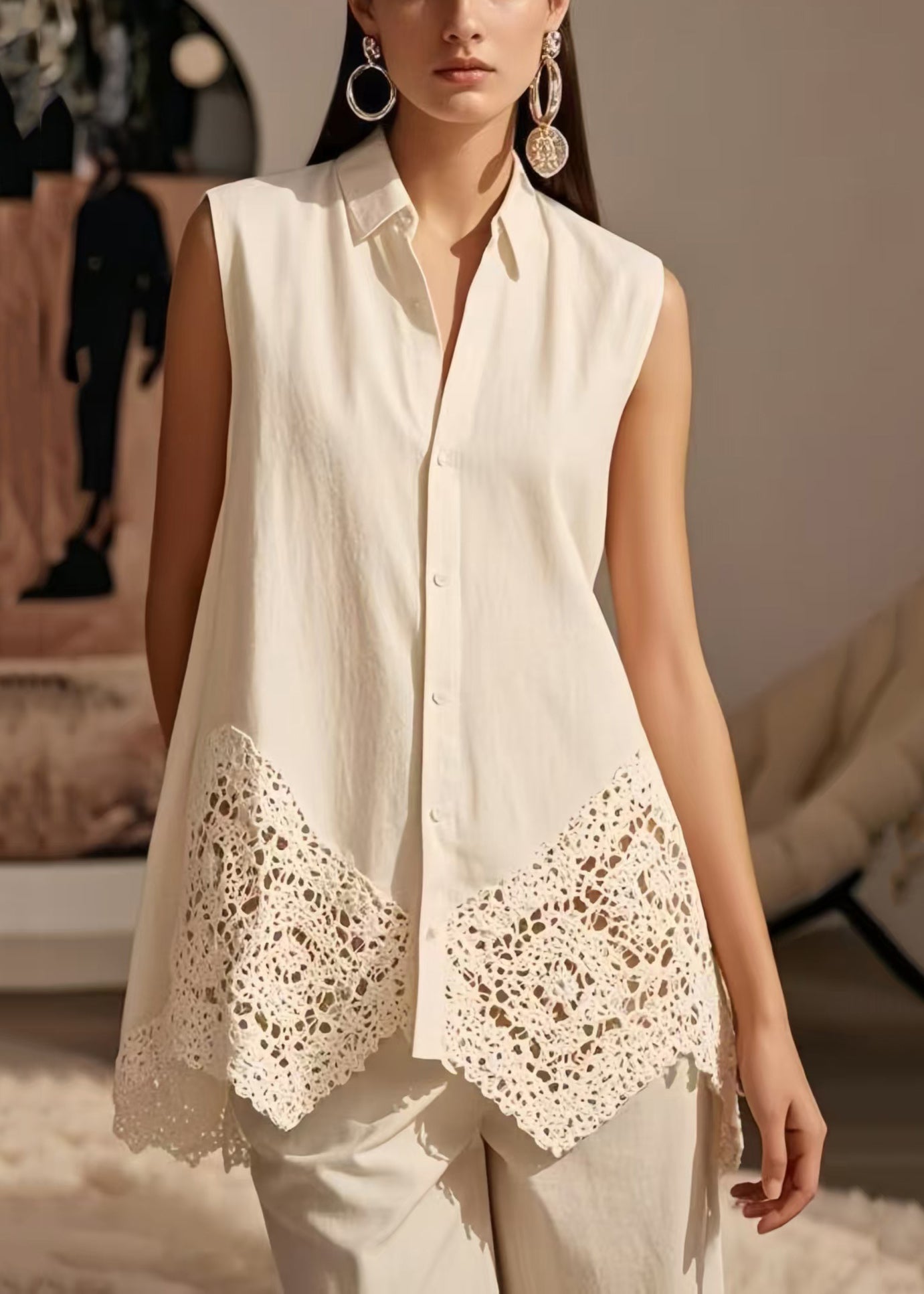 Women White Lace Patchwork Cotton Shirt Tops Sleeveless