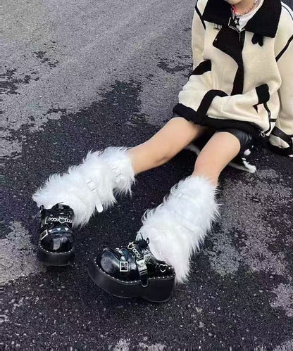 Spicy Girl Leather Buckle White Fuzzy Fur Fluffy Socks Covers