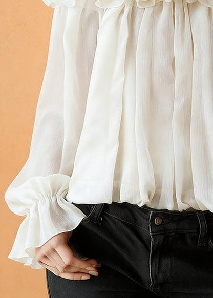Apricot Ruffled Solid Blouses Slash Neck Spring