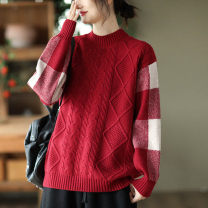 Retro Thick Jacquard Knit Color Block Three-dimensional Sweater