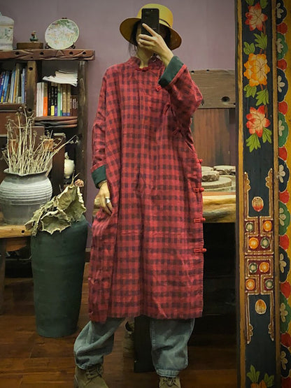 Women Stand Collar Button Cotton Robe Dress