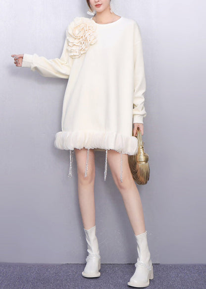 White Floral Decorated Cotton Day Dress Tasseled Spring