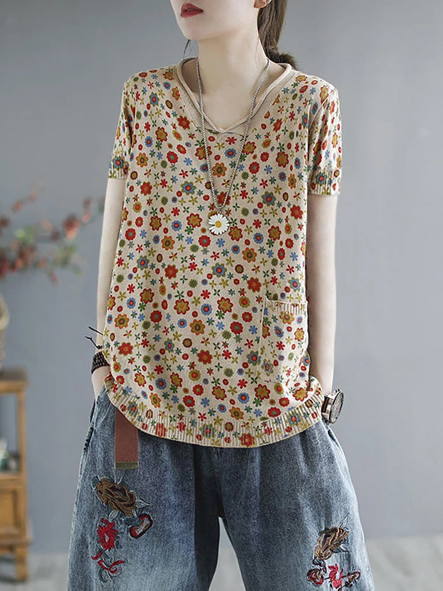 Plus Size - Floral  Knitted Casual Print Pocket Sweater