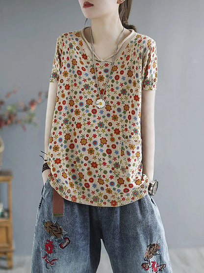 Plus Size - Floral  Knitted Casual Print Pocket Sweater