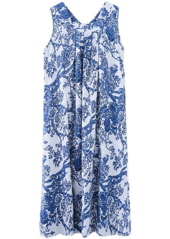 DIY Blue Loose Print V Neck Summer Vacation Dress Sleeveless