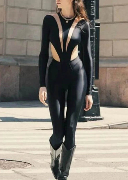 Slim Fit Black O-Neck Patchwork Sheer Tulle Bodysuit