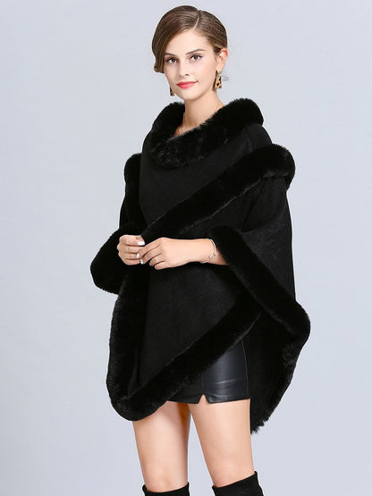 Women Coat Cape Peacoat Faux Fur Collar Poncho