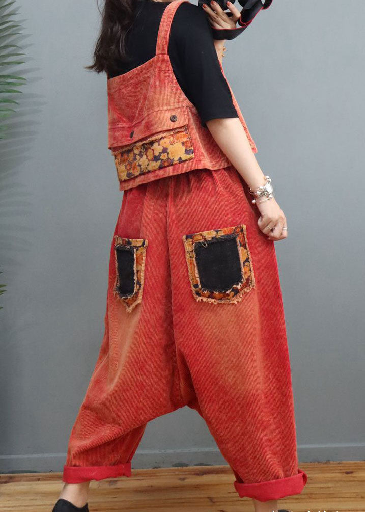 Fine Red Cinched Print Corduroy Two Pieces Set