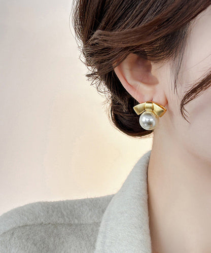 Fashion Gold Alloy Pearl Bow Stud Earrings
