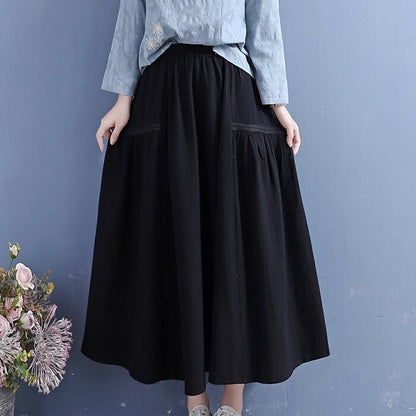 Women Retro Cotton Linen Autumn Pleated Skirt
