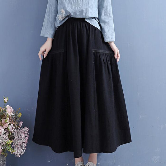 Women Retro Cotton Linen Autumn Pleated Skirt