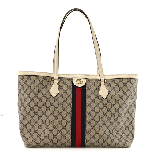 GG Supreme Monogram Textured Dollar Calfskin Web Medium Ophidia Shopping Tote Beige Ebony Mystic White