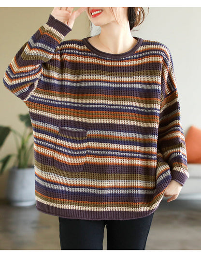 Colorful Red Striped Cotton Knitted Sweater