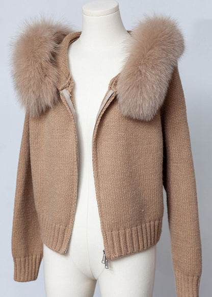 Coffee Zippered Patchwork Solid Knit Fall Coats Hooded