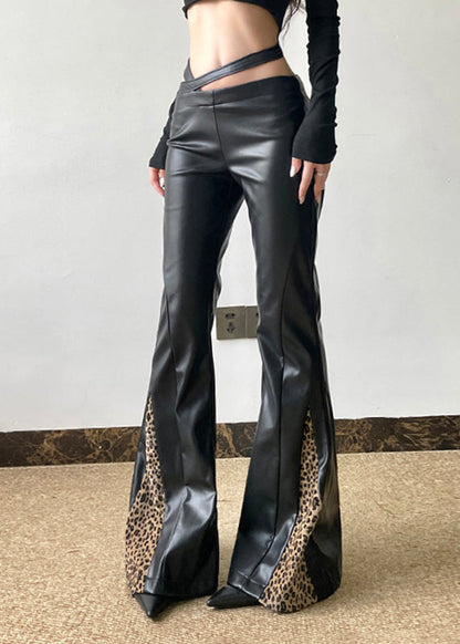 Boho Black Asymmetrical Leopard Patchwork PU Pants Spring