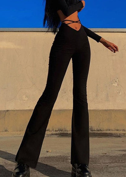 Simple Black Solid High Waist Cotton Flared Trousers Spring