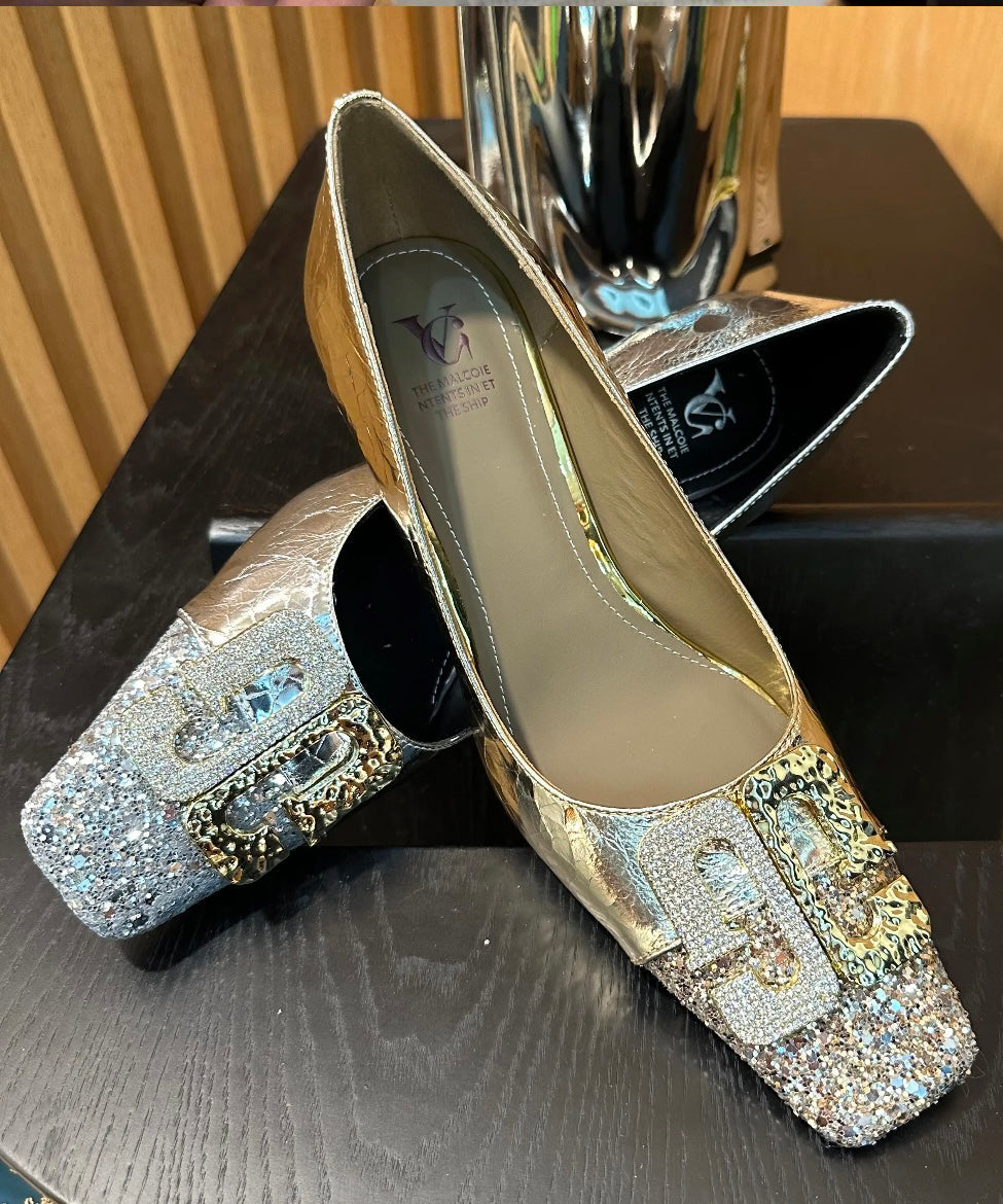 Gold Zircon Splicing Chic Chunky High Heels Square Toe