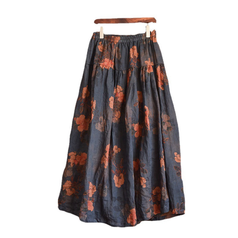 Plus Size  Cozy Retro Floral Linen Skirt