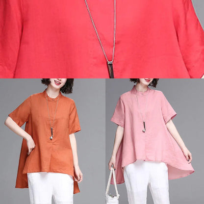 Beautiful stand collar asymmetric cotton women red box blouse summer