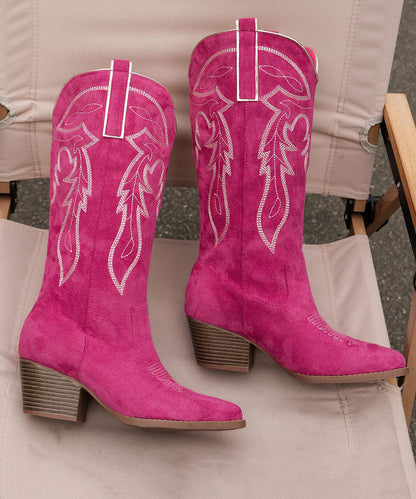 Women Green Pointed Toe Solid Suede Embossed Chunky Boots